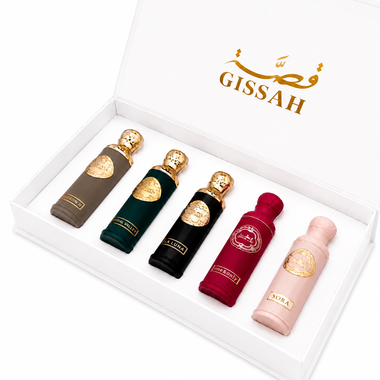 Pack Découverte Gissah – Collection Prestige (5 parfums). Contenu : Hudson II, Imperial Valley, La Luna, One & Only et Sora. Hudson II